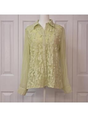 Retro 70s Lime Green Floral Collared Shirt Size M Y2K Indie Fairy Sheer Blouse